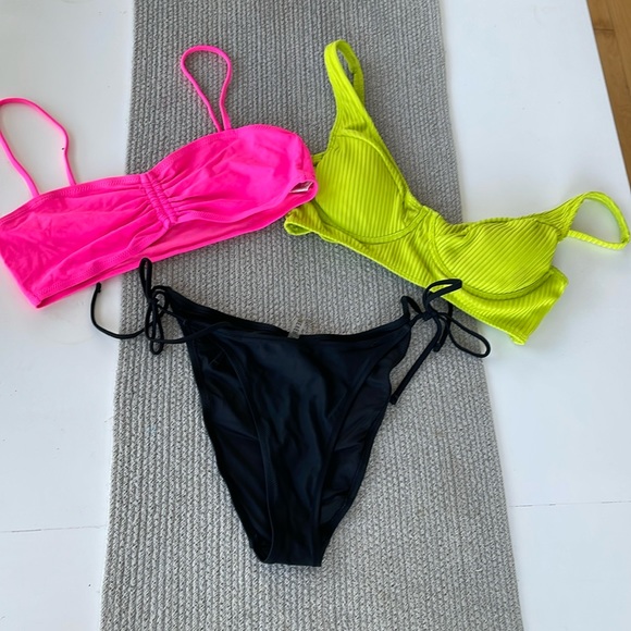 Set/3 Forever 21 Neon Pink Yellow Black Bikini Swimsuits Size XL - Picture 1 of 12